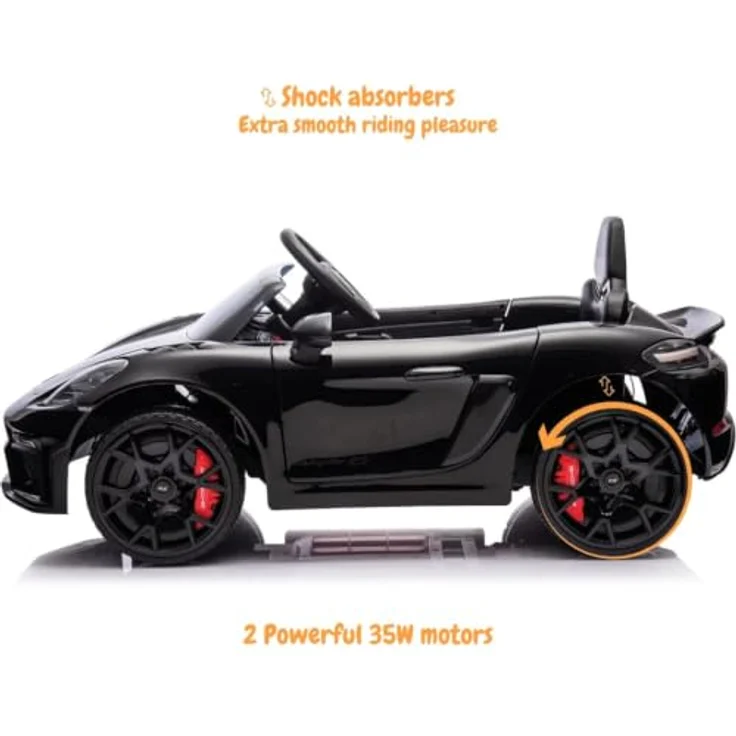 Vrooomy Porsche 718 Spyder RS, Kinder Elektroauto 12V mit Fernbedienung, schwarz, für 1 bis 5 Jahre, MP3-Player, LED-Beleuchtung, Sicherheitsgurt, offizielle PORSCHE-Lizenz – Bild 5