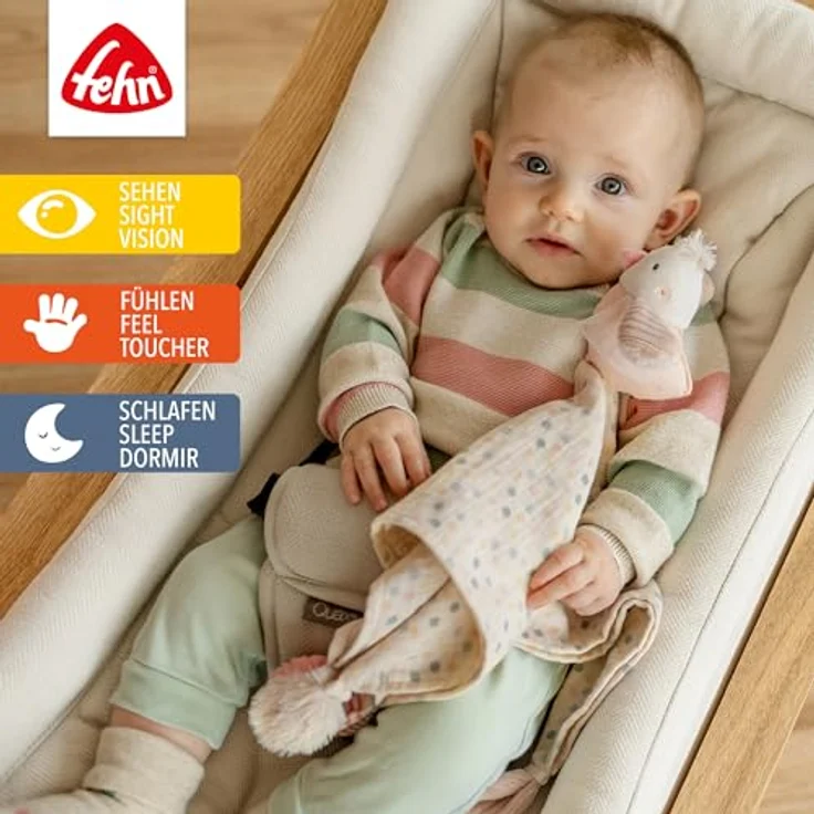 Fehn Musselin-Schmusetuch Vogel - Kuscheliges Schnuffeltuch für Babys mit Glow-in-the-dark Bestickung, 40 cm, Mehrfarbig – Bild 2