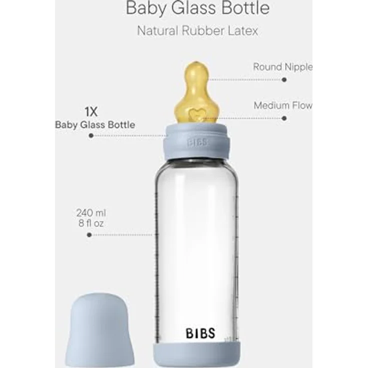 BIBS Baby Glasflasche 240ml, Koliken vermindernd, runder Sauger aus Naturkautschuklatex, unterstützt das Stillen, Baby Blue – Bild 2
