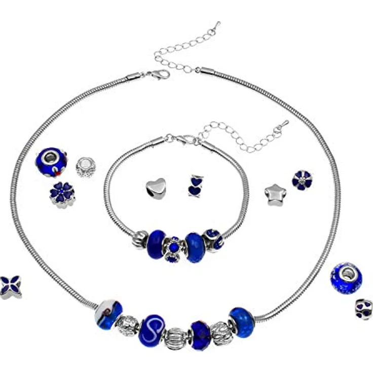 VALIOSA Merry Christmas Mode-Schmuck Adventskalender mit Halskette, Armband + 22 individuelle Perlen-Anhänger aus Glas & Metall, Geschenkidee für Mädchen, blau, 24-teilig – Bild 5