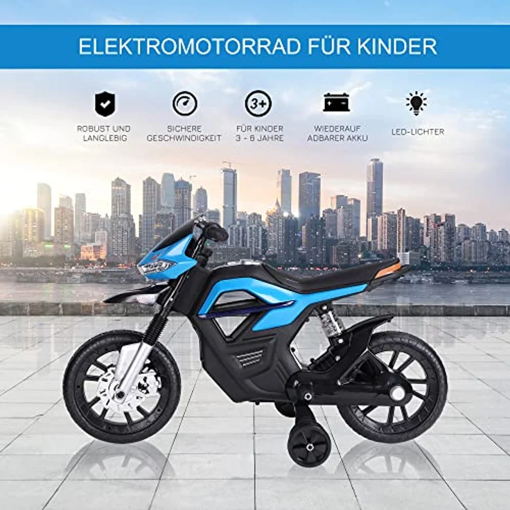 HOMCOM Kindermotorrad Kinder-Elektromotorrad Elektro-Motorrad für Kinder 3-6 Jahren Licht Musik MP3 Elektrofahrzeug mit Stützrädern maximal 3 km/h Metall + Kunststoff Blau 105 x 52,3 x 62,3 cm – Bild 4