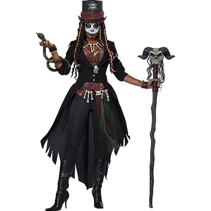 Metamorph Voodoo Mistress Kostüm, XL, mit frackähnlichem Mantel, roter Weste und Zylinderhut, inklusive Voodoo-Accessoires