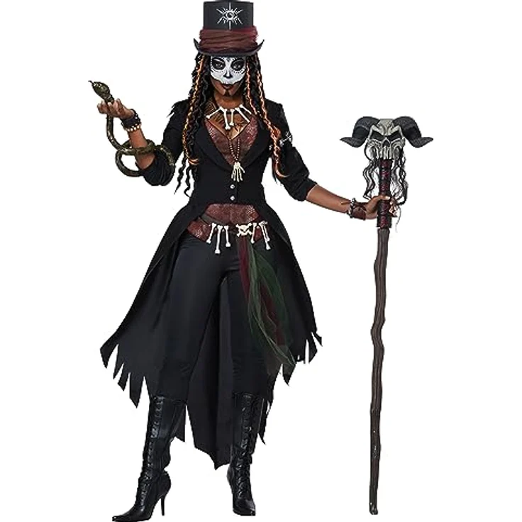 Metamorph Voodoo Mistress Kostüm, XL, mit frackähnlichem Mantel, roter Weste und Zylinderhut, inklusive Voodoo-Accessoires – Bild 1
