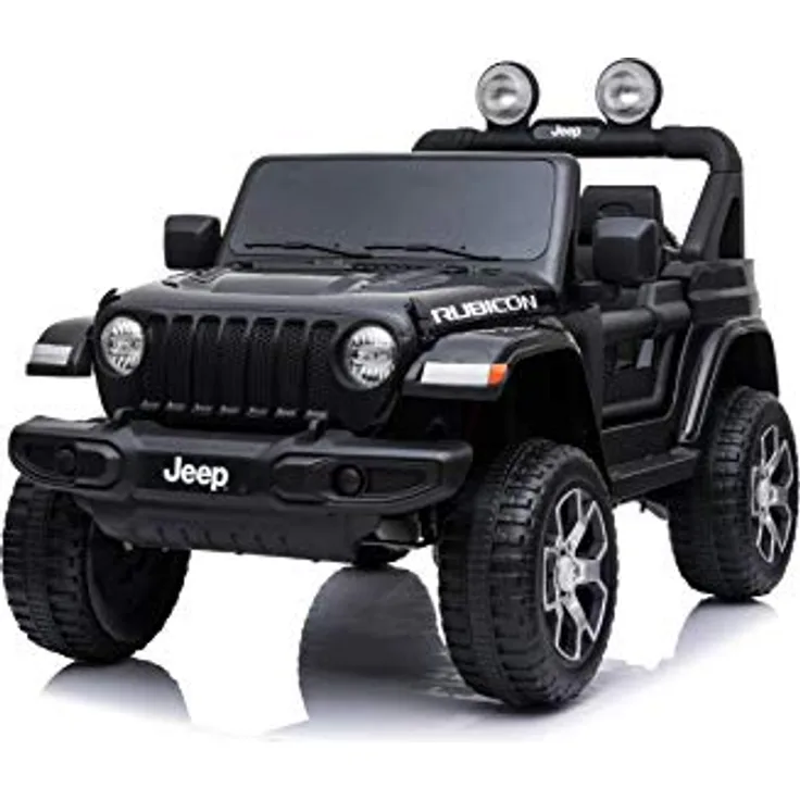RIRICAR Elektroauto für Kinder 12V Wrangler, Schwarz, 2 Sitzer mit 2,4-GHz-Fernbedienung, Allradantrieb, doppelte Ledersitze