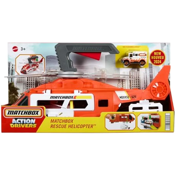 Matchbox Transport Helicopter, Rettungshubschrauber mit durch Bedienung aktivierbarem Propeller, Winde und 1:64 Die-Cast-Rettungswagen, 40 cm – Bild 6