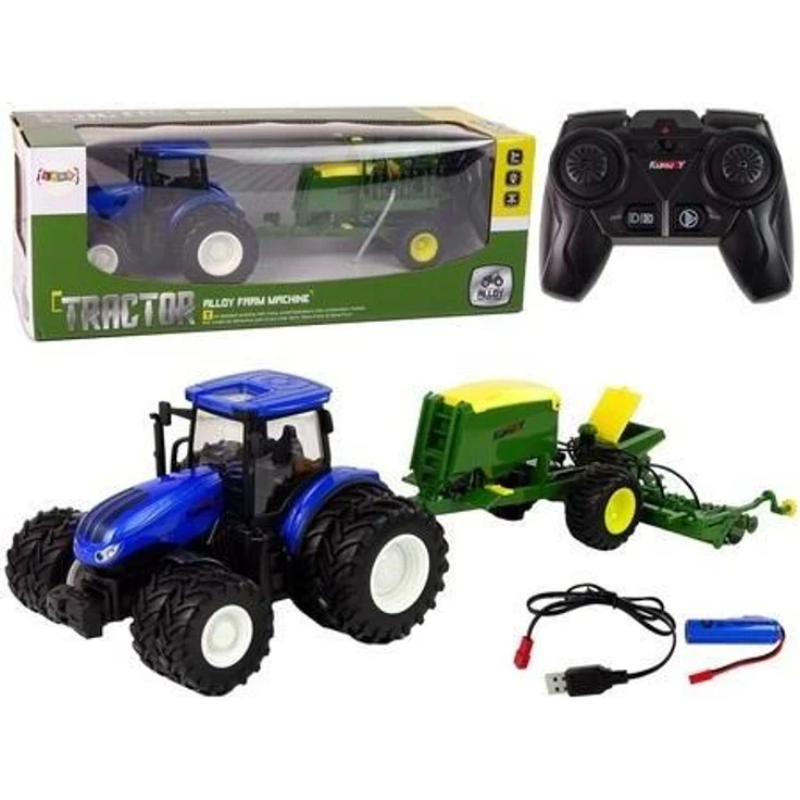 Lean Toys Blauer Traktor mit Ballenpresse, Ferngesteuertes Landwirtschaftsspielzeug im Maßstab 1:24, für Kinder ab 3 Jahren