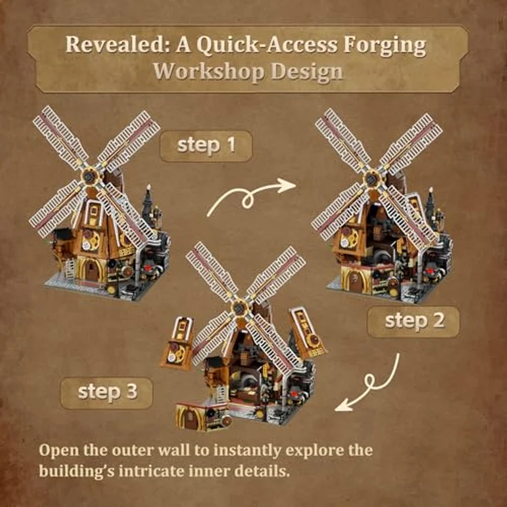 Pantasy Steampunk Windmill Workshop, Klemmbausteine-Modell mit 2400 Teilen, 3 Fantasy-Minifiguren und funktionierendem Dampfschornstein – Bild 5