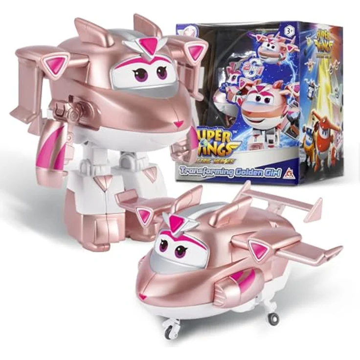 Super Wings Transformations-Flugzeug Supercharged Golden Girl, 12,7 cm große Roboterfigur mit 2-in-1 Spielmodi, rosa – Bild 1