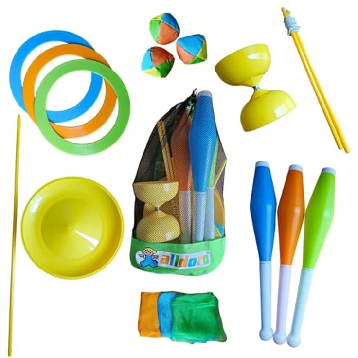 alldoro 60130 Jonglier-Set im Rucksack, 16-teiliges Jonglierspiel mit Diabolo für Kinder ab 3 Jahren, transportabel und vielseitig – Bild 1