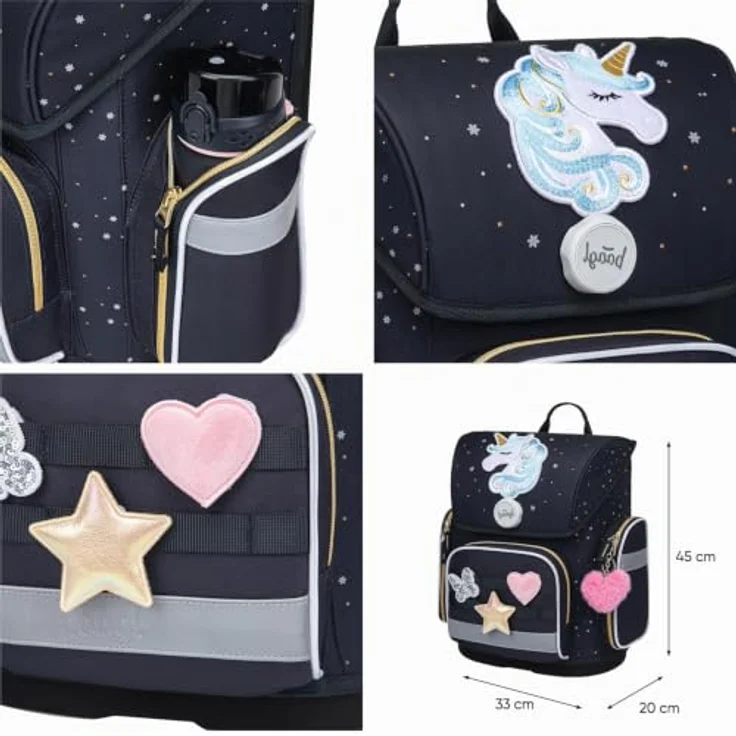 Baagl Schulranzen Set 3-teilig Ergo, Mädchen, Unicorn Gold, ergonomisches Design, Fidlock-Verschluss, wasserabweisend, 19 l Volumen – Bild 4