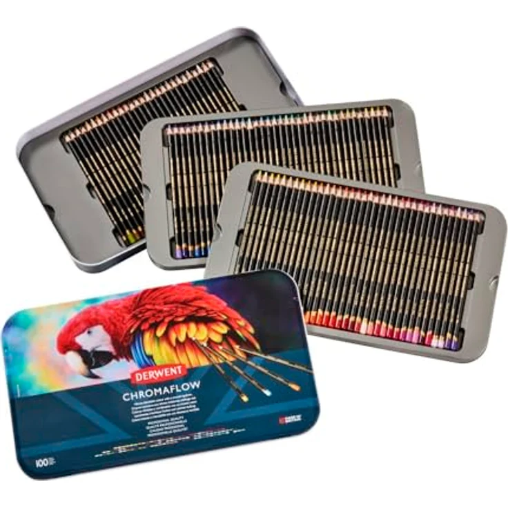 Derwent Chromaflow Buntstifte, 100 Stück in Dose, 3,5 mm runder Kern, Premium-Kernstärke, mischbar mit glatter Textur, professionelle Qualität - Derwent Chromaflow Buntstifte, 100er Set in Metalldose, lebendige Farben, bruchfest & ideal zum Malen, Zeichnen & Schichten, 2306062 – Bild 1