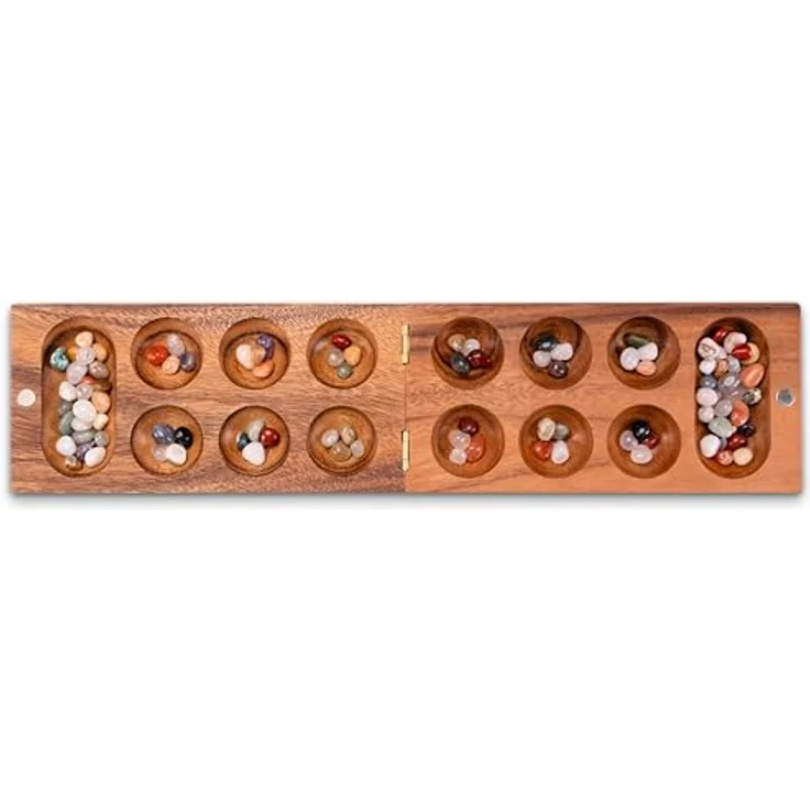 Logoplay Holzspiele Kalaha Spiel mit Magnetverschluss für 2 Spieler, Spielfeld 14 x 49 cm, inklusive 75 Edelsteinen aus Dunklem Samena-Holz – Bild 3