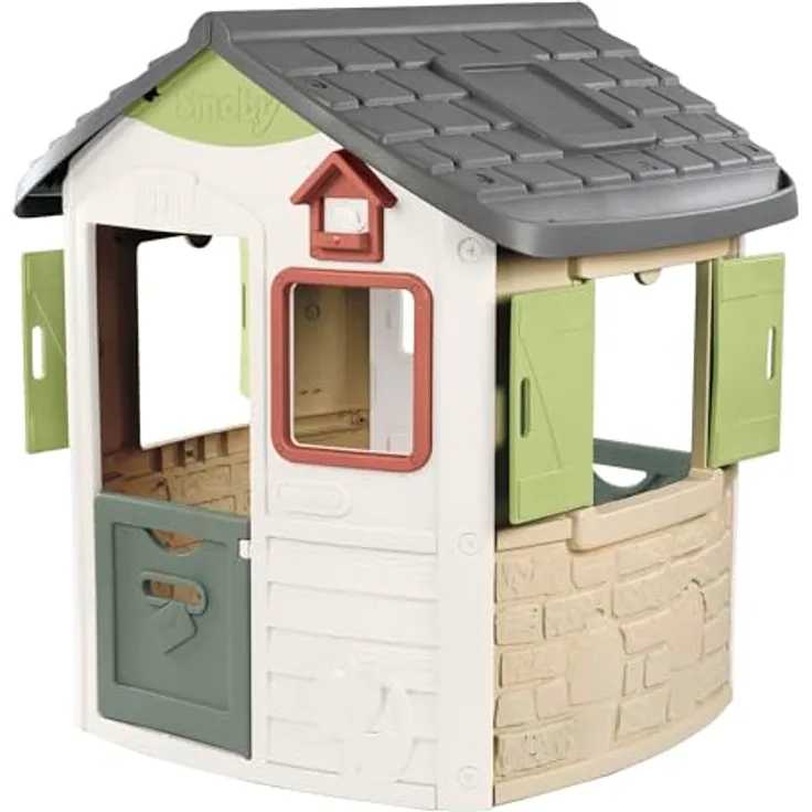 Smoby Jura Lodge Spielhaus, wetterfestes Gartenhaus mit 50% Recycling-Anteil und Vogel-Futterstelle, 115x123x132 cm, für Kinder ab 2 Jahren
