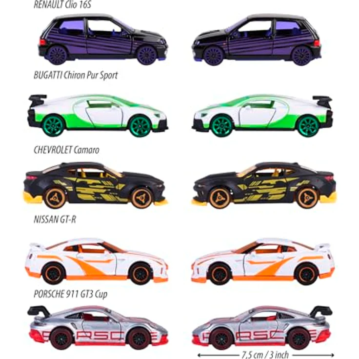 majORETTE Spielzeug-Auto Limited Edition 10, Geschenkset mit 5 Metall-Modellautos (Renault Clio schwarz, Porsche 911 GT3 Cup grau, Nissan GT-R weiß, Bugatti Chiron Pur Sport weiß, Chevrolet Camaro schwarz), je 7,5 cm, für Kinder ab 3 Jahren – Bild 3