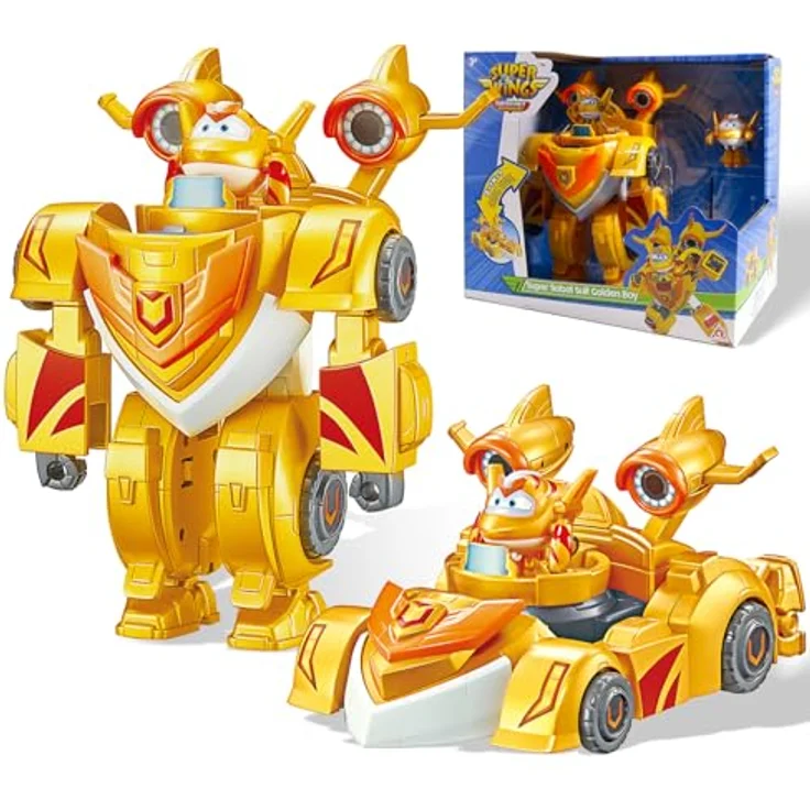 Super Wings EU770352, Super Robot Suit Golden Boy, ca. 18 cm große verwandelbare Spiel-Figur, 2-in-1 Roboter Anzug und Super Auto, gelb, für Kinder ab 3 Jahren – Bild 1