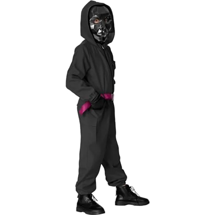 Maskworld Korean Game Offizier Kostüm für Kinder, Schwarzer Overall mit pinkfarbenem Reißverschluss, Größe 140, für Karneval und Halloween – Bild 2