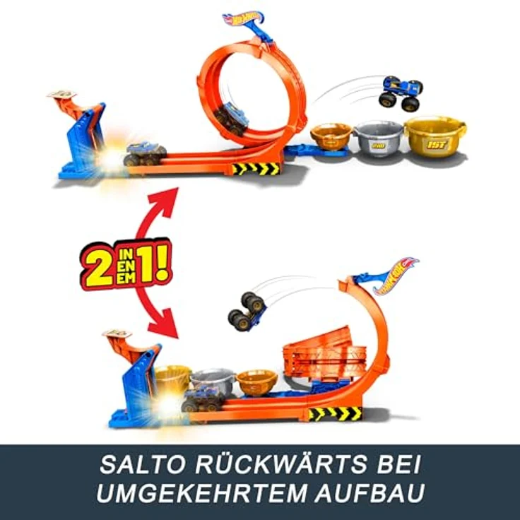 Hot Wheels Monster Trucks Loop & Flip Challenge, Autorennbahn mit 2 Spielmöglichkeiten, Bigfoot Die-Cast im Jubiläumsdesign, 1:64 Maßstab – Bild 4