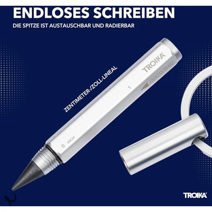 TROIKA ENDLESS TO GO Multitasking-Bleistift und Schlüsselanhänger mit nachhaltiger Endlos-Schreibspitze (ca. 20km Schreiblänge), Aluminium, silberfarben, mit Zentimeter-/Zoll-Lineal – Bild 3