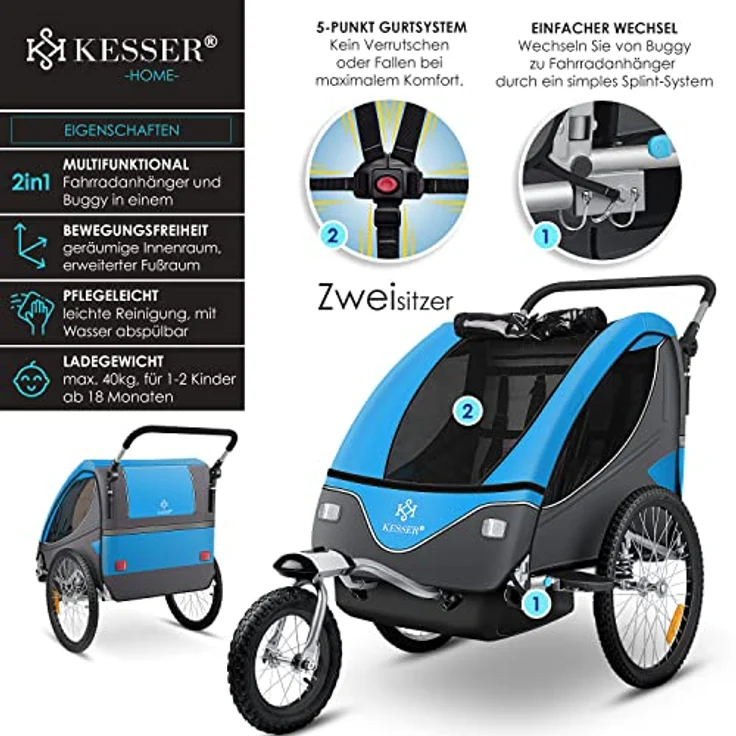 KESSER® Cruiser Kinderanhänger Fahrradanhänger 360° Drehbar mit Federung 2in1 Joggerfunktion Kinderfahrradanhänger + 5-Punkt Gurt Jogger Fahrrad Anhänger für 1 bis 2 Kinder max. 40kg Blau – Bild 3