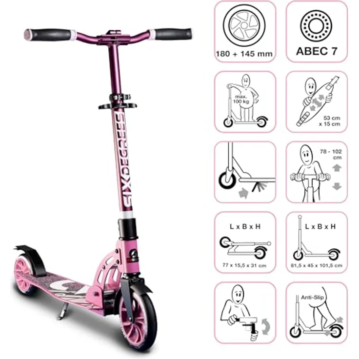 Six Degrees Aluminium Scooter Junior 180 mm - Faltbar, Fußbremse, Rosa/Schwarz – Bild 2