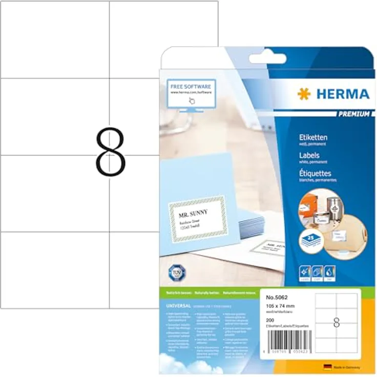 HERMA 5062 Versandetiketten, 200 Stück, selbstklebend, bedruckbar, matt, blanko Papier, 105 x 74 mm, weiß
