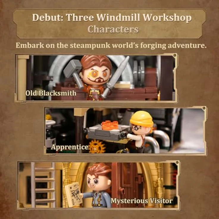 Pantasy Steampunk Windmill Workshop, Klemmbausteine-Modell mit 2400 Teilen, 3 Fantasy-Minifiguren und funktionierendem Dampfschornstein – Bild 7