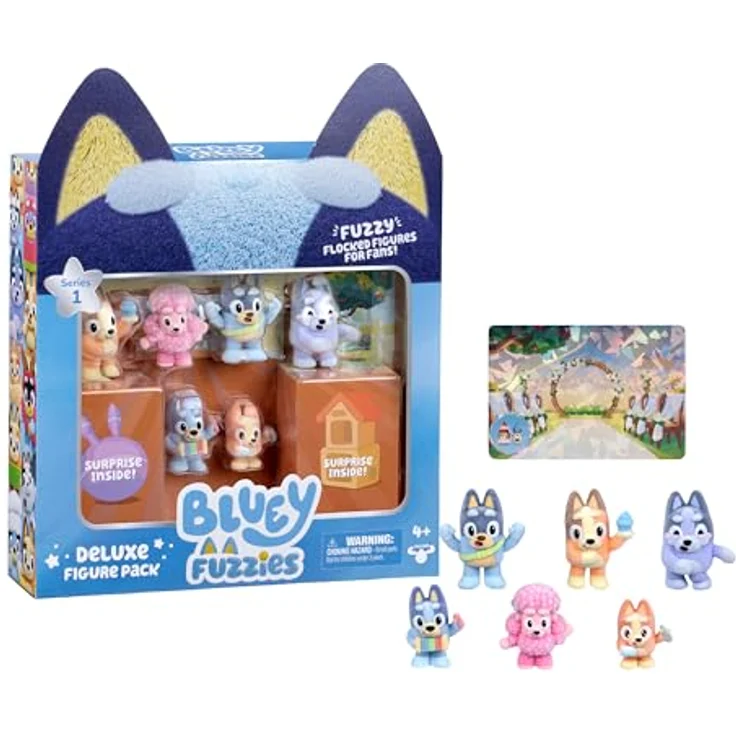 Bluey Fuzzies Deluxe Figure Pack, 6 beflockte Minifiguren zum Sammeln inkl. 2 Überraschungsfiguren, Sammelkarte und Sammlerhandbuch, 50 Figuren in Serie 1 – Bild 2
