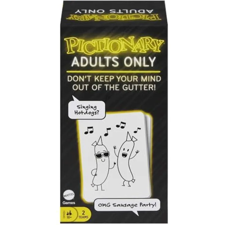 Mattel Games Pictionary JCM29, Partyspiel für Erwachsene mit Zeichen- und Spurkarten, Brettern, Markern und Sanduhr, spanische Version