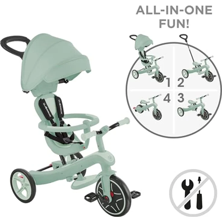 Globber Explorer Trike 4in1, Kinderwagen, Dreirad und Laufrad, höhenverstellbarer TPR-Sitz, 10/8,5 Zoll Reifen, Pistazie – Bild 2