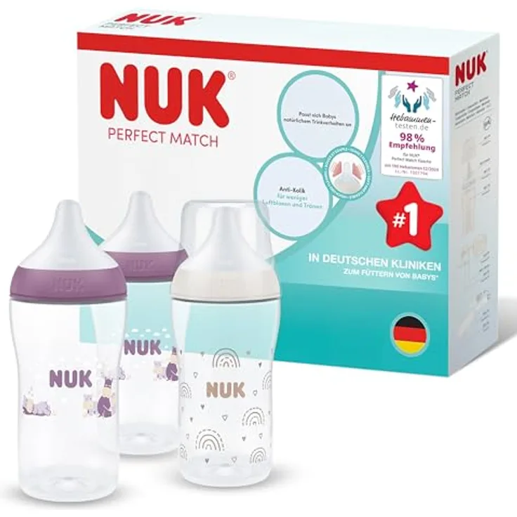 NUK Perfect Match Babyflaschen, Anti-Kolik Trinkflasche mit Temperature Control, 260 ml, Regenbogen/Nilpferd, 3 Stück, für 3+ Monate