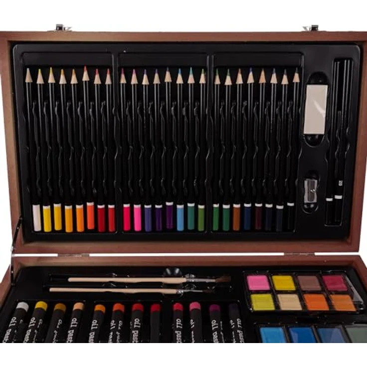 Redfink Kreativset Malset Malkoffer 130-teilig, Holz-Kofferset mit Acrylfarben, Ölfarben, Buntstiften und Malutensilien – Bild 6