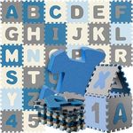 Spielwerk® 86-teilige Puzzlematte Baby Kinder 3,3m² Spielmatte Bodenschutzmatte Krabbelmatte Buchstaben Zahlen ABC Lernteppich XXL Schaumstoff Blau