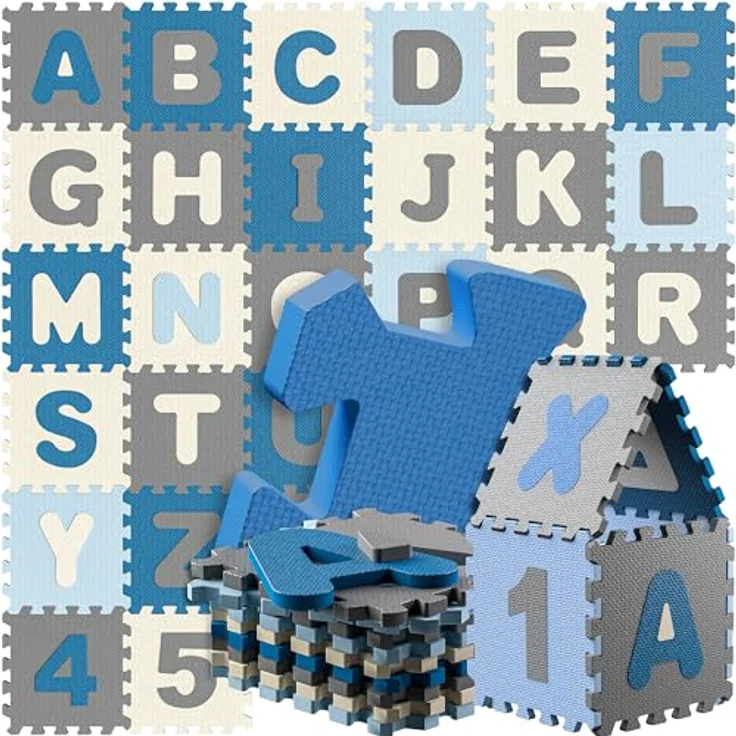 Spielwerk® 86-teilige Puzzlematte Baby Kinder 3,3m² Spielmatte Bodenschutzmatte Krabbelmatte Buchstaben Zahlen ABC Lernteppich XXL Schaumstoff Blau – Bild 1