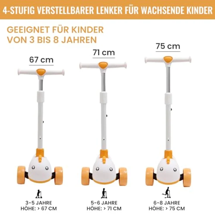 Habib Gruppe Kinderroller Tretroller, 3-Rad LED Roller, höhenverstellbar & faltbar, Tierdesign, orange, für Mädchen & Jungen (3-8 Jahre) – Bild 4
