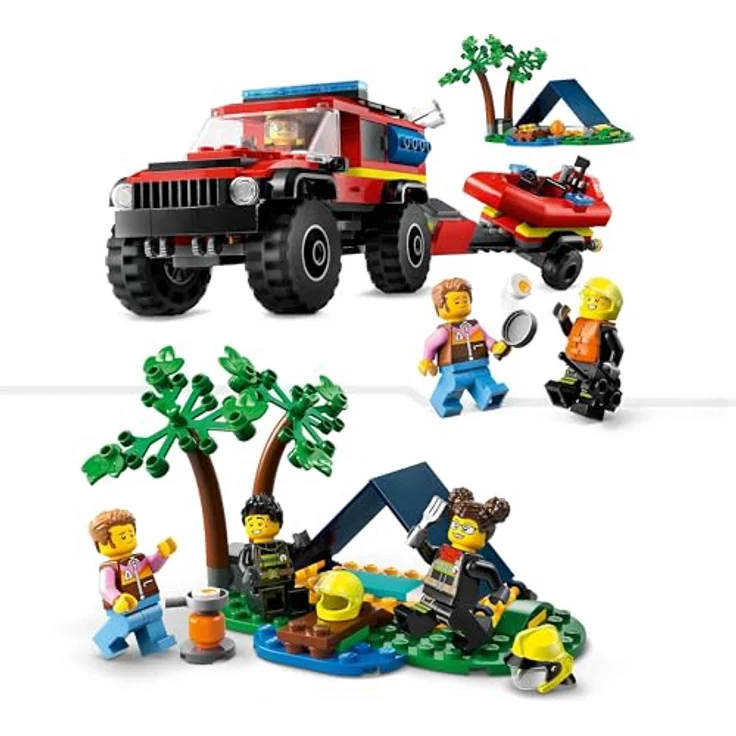 LEGO 60412 City Feuerwehrgeländewagen mit Rettungsboot, Offroad-Auto-Spielzeug für Kinder ab 5 Jahren, Rettungswagen mit Schlauchboot, Anhänger, Zelt und 3 Minifiguren, Geschenk für Jungs und Mädchen – Bild 3