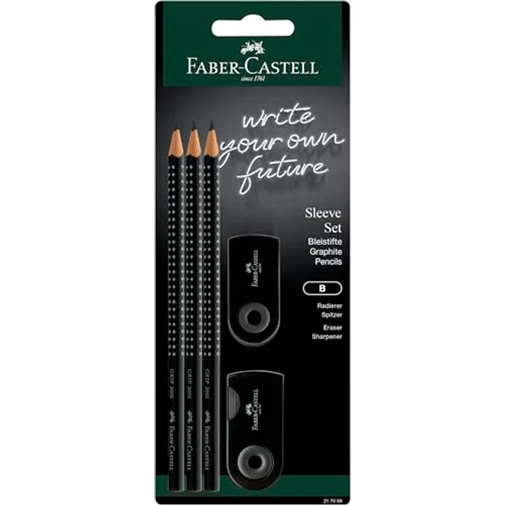 Faber-Castell 217086 Bleistifte Set Sleeve, mit Spitzer, Radiergummi und 3 Bleistiften, ergonomische Dreikantform, schwarz – Bild 1