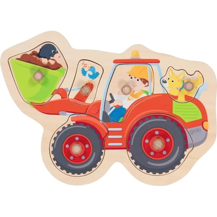 goki 57345 Steckpuzzle Schauffelbagger aus Holz, Greifpuzzle mit niedliches Bagger-Motiv und Tieren, Förderung Motorik und Hand-Augen-Koordination, 6-er Set, 28cm x19cm, ab 1 Jahr, 28x19cm – Bild 1