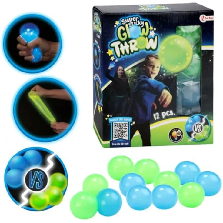 Toi-Toys Glow in the Dark Wurfbälle, 12er Set mit 6 blauen und 6 grünen Bällen, fluoreszierend, Durchmesser 6 cm