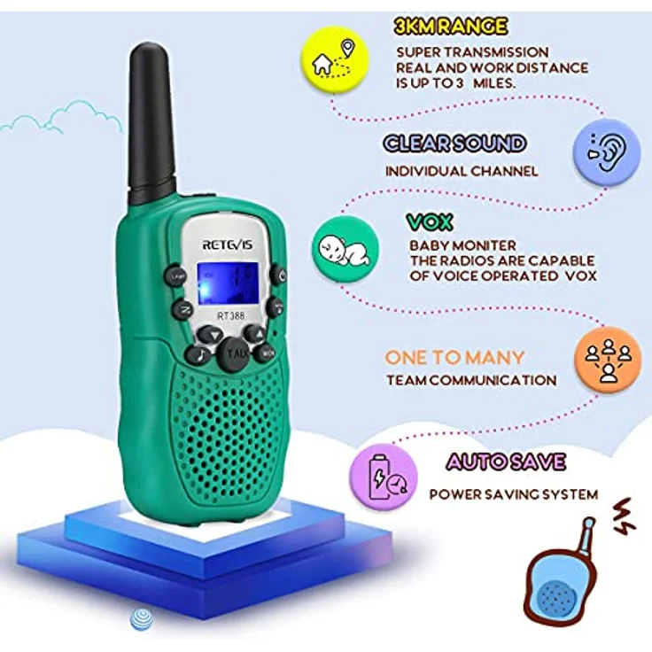 Retevis RT388 Walkie Talkies für Kinder, größere Reichweite 8 Kanäle Taschenlampe VOX, Spielzeug Geschenk ab 3-12 Funkgerät, für Camping Wandern, Garten (2er Pack, Grün) – Bild 3