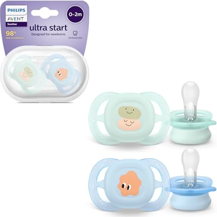 Philips AVENT Ultra Start Schnuller, kiefergerecht für Neugeborene, BPA-frei, mit Sterilisationsbehälter, Doppelpack, grün, blau, Modell SCF075/04 – Bild 1