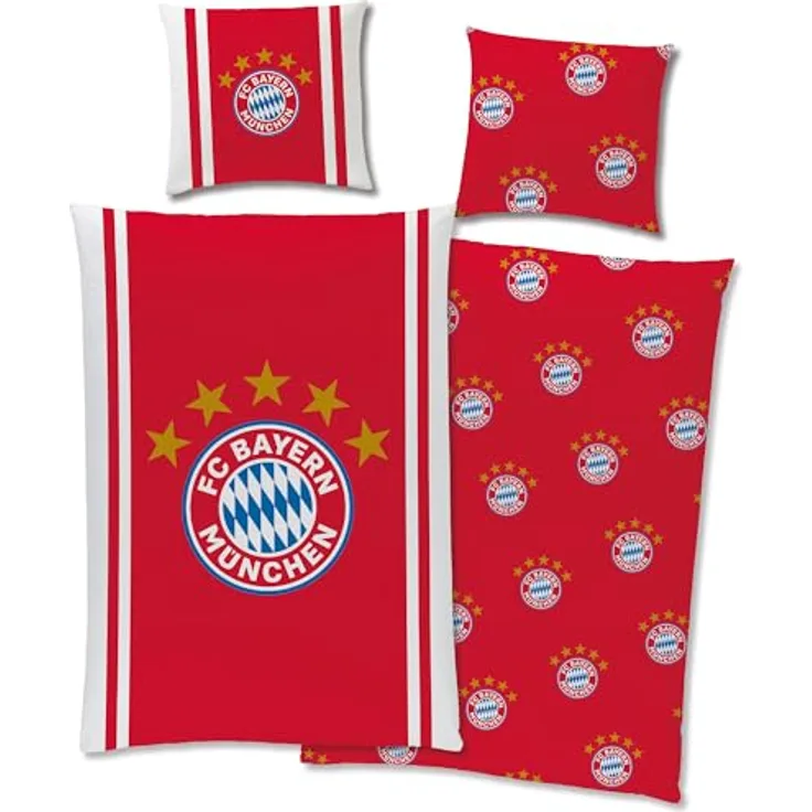 FC Bayern München Bettwäsche Mia San Mia 135 x 200 cm + 80 x 80 cm 100% Baumwolle Renforcé-Linon-Qualität Rekord-Meister Berni Alianz Arena Fußball FCB deutsche Größe mit Reißverschluss, rot weiß
