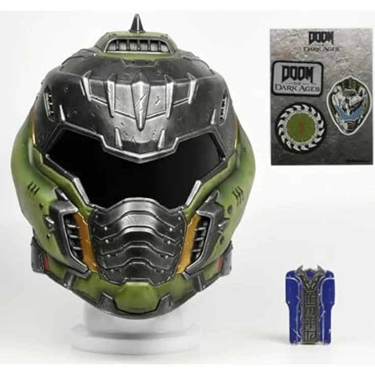 DPI Merchandising DOOM: The Dark Ages Helm-Replik-Bundle, tragbare Helmreplika mit LED-Lichteffekten, inklusive blauer Schlüsselkartenreplika und 3 gewebten Aufnähern – Bild 3