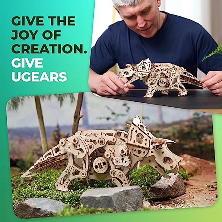 UGEARS Triceratops Dinosaurier 3D Holzpuzzle, Mechanisches Modell im Maßstab 1:32 mit Lebensechtem Gang, DIY Bausatz für Erwachsene, 400 Teile, 8+ Stunden Spielzeit – Bild 3