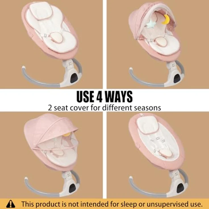 JFOVMCYG Elektrische Babywippe für Säuglinge bis 9 kg, klappbar, mit Fernbedienung & Bluetooth, 5 Schaukelgeschwindigkeiten, 3 Sitzpositionen, Timer-Funktion – Bild 4