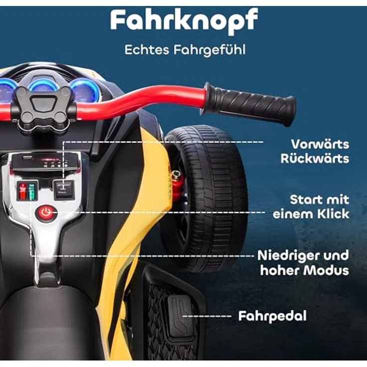AIYAPLAY Elektro Quad für Kinder, 12V mit 3 Rädern, Vorwärts- und Rückwärtsfunktion, MP3-Player, LED-Leuchten, 2 Geschwindigkeiten 3-5 km/h, für 3-8 Jahre, Gelb – Bild 4