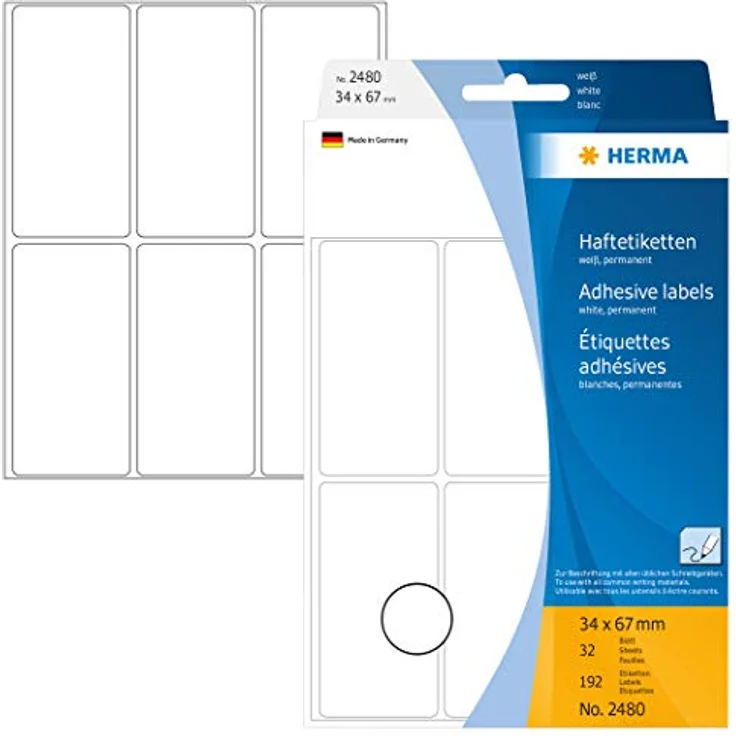 HERMA 2480 Etiketten weiß, 32 Blatt, 34 x 67 mm, 6 pro Bogen, 192 Aufkleber, selbstklebend, Vielzweck Klebeetiketten zum Beschriften, Universal Haftetiketten aus Papier, blanko – Bild 1