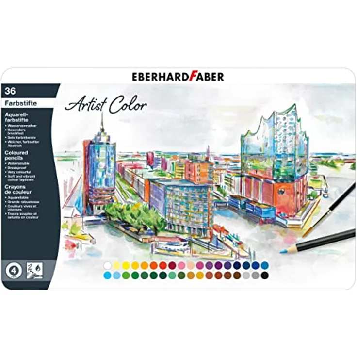 Eberhard Faber 516036 - Aquarellstifte Artist Color, 36 bunte Aquarellfarben im Metalletui, wasservermalbar