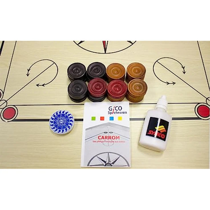GICO Carrom Board Spiel Synco 66 mit komplettem Zubehör und Gleitpulver - 2966, Massiv-Hartholzrahmen, 4,3 kg, MDF Spielfläche – Bild 3