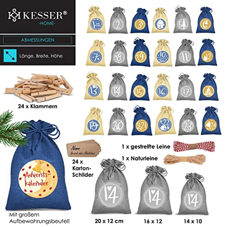 KESSER® Adventskalender zum Befüllen 24 Jutebeutel Gedruckte Stoffbeutel Kinder Weihnachtskalender zum Selber Befüllen Inkl. 24x Schildchen + 1 Großer Aufbewahrungsbeutel Stoff Blau, 16x12cm – Bild 7