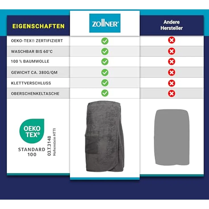 Zollner Bademantel, Anthrazit, Textil, Gr. L/XL, Oeko-Tex® Standard 100, saugfähig und mit Klettverschluss – Bild 6